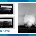 Three black and white photo prints, a rover on Mars and two tracks of a large white telescope.