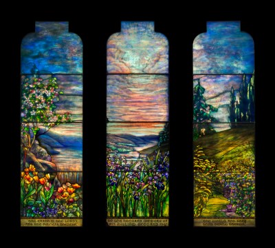 Images of three-pane stained glass windows from Tiffany Studios were recently sold at a design auction on June 12, 2025.