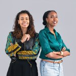 Portrait of Molemo Moiloa and Chao Tayiana Maina on grey background.