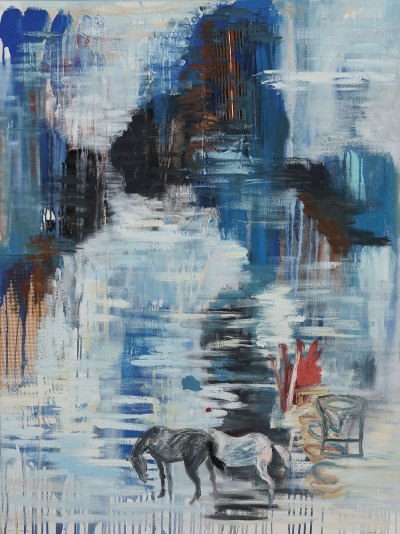 Most abstract paintings are different in white, blue, brown, black and other colors. There are two horses near the bottom. 