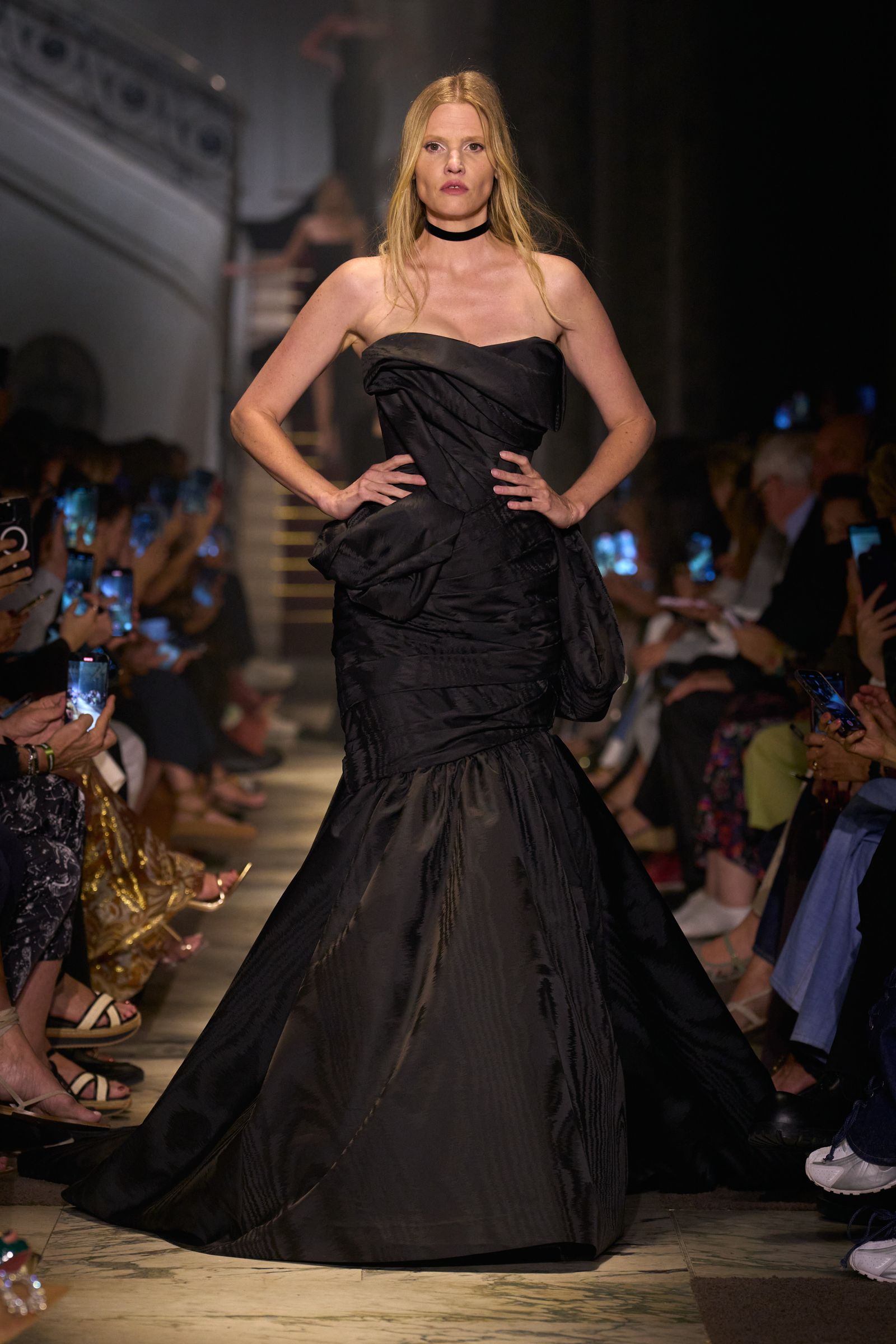 Images may contain Lara Stone Clothing Dress Fashion Formal Wearing Evening Dress Adults and Shoes