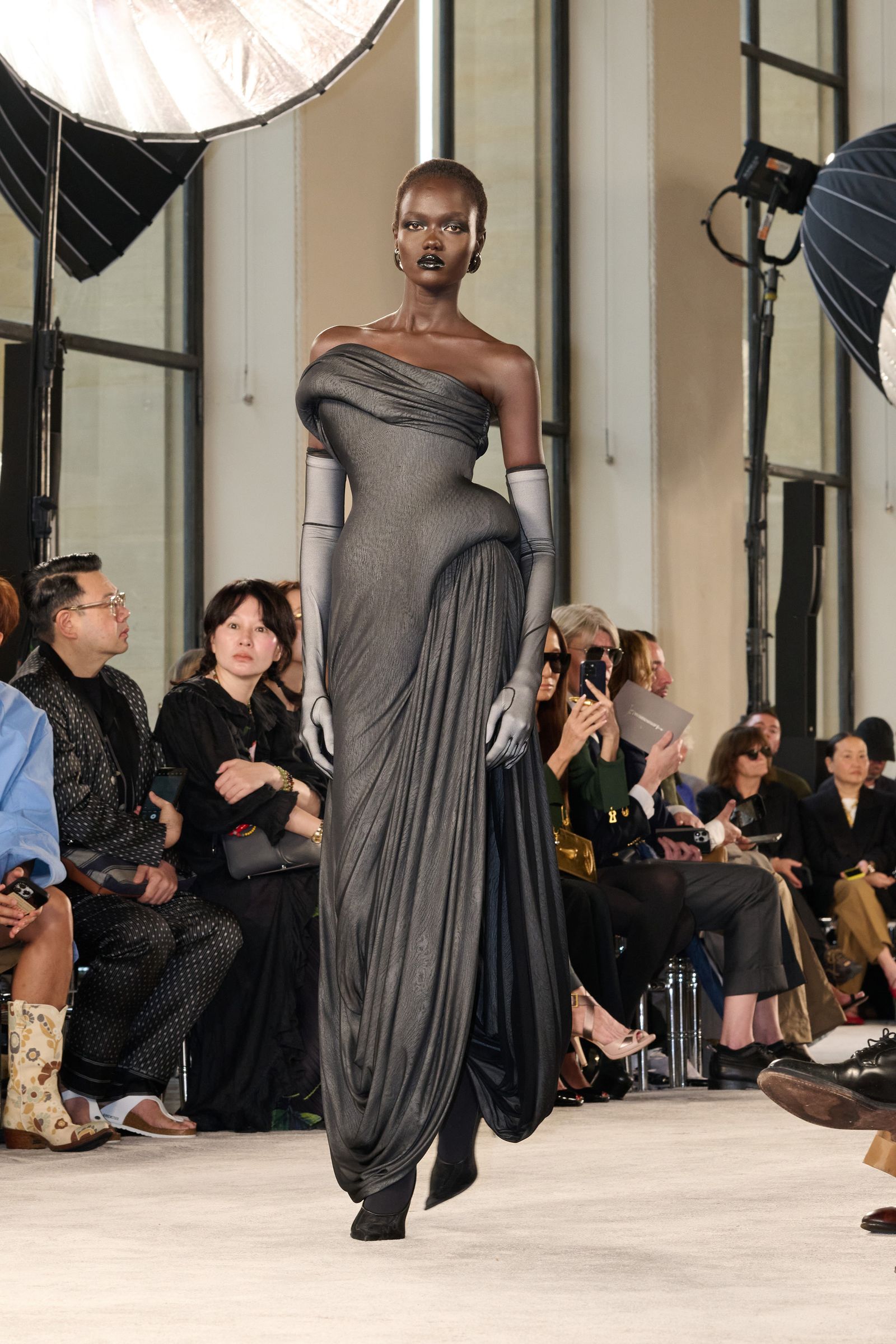 Images may contain Ren Liu Vera Wang Hanya Yanagihara Cathy Horyn clothing adult and formal clothing