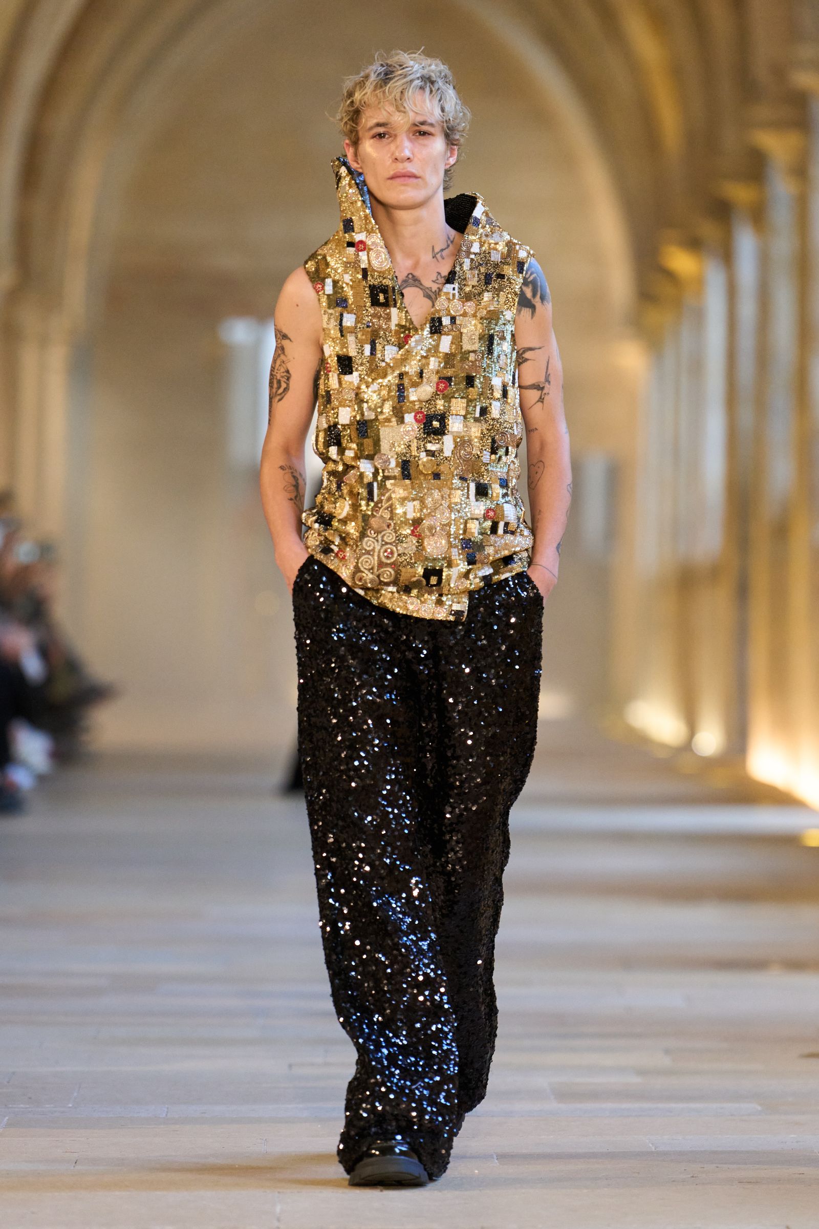 Images may contain adult clothing, footwear, fashion shirt accessories, jewelry and necklaces