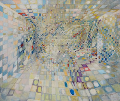 An abstract painting, similar to a room, whose walls are covered with blue and white squares with circles on them.