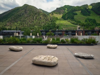 Several soapstone sculptures are carved in leaf-like forms and wavy lines. They are shown on the ground of the roof that overlooks the mountains.