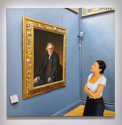 A painting showing a woman looking at the portrait of Ingres in the Louvre, the museum's CCTV camera is visible in the corner. 