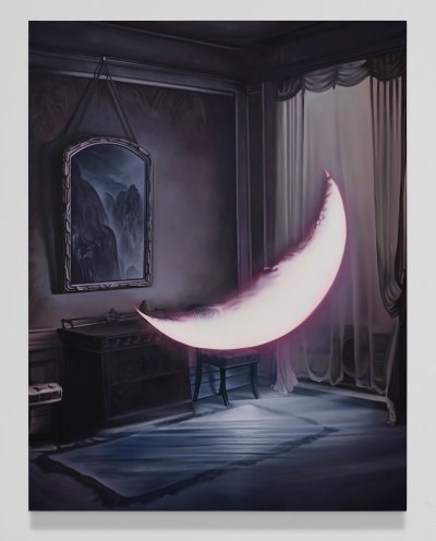A painting showing a pink crescent moon in an indoor space. 
