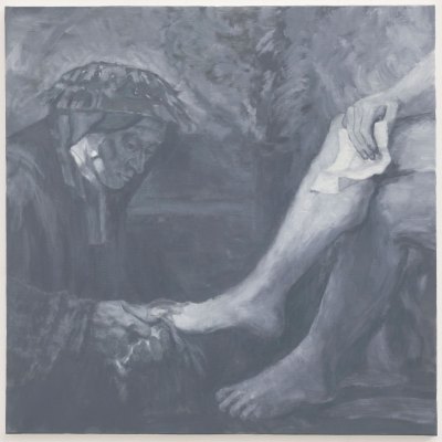 A painting of Grisaille showing a maid participating in a naked woman's legs. Only the legs of another woman and hands holding letters. 