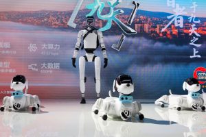 Humanoid robots and robot dogs were displayed at China Mobile booths at the World Artificial Intelligence Conference in Shanghai, China.