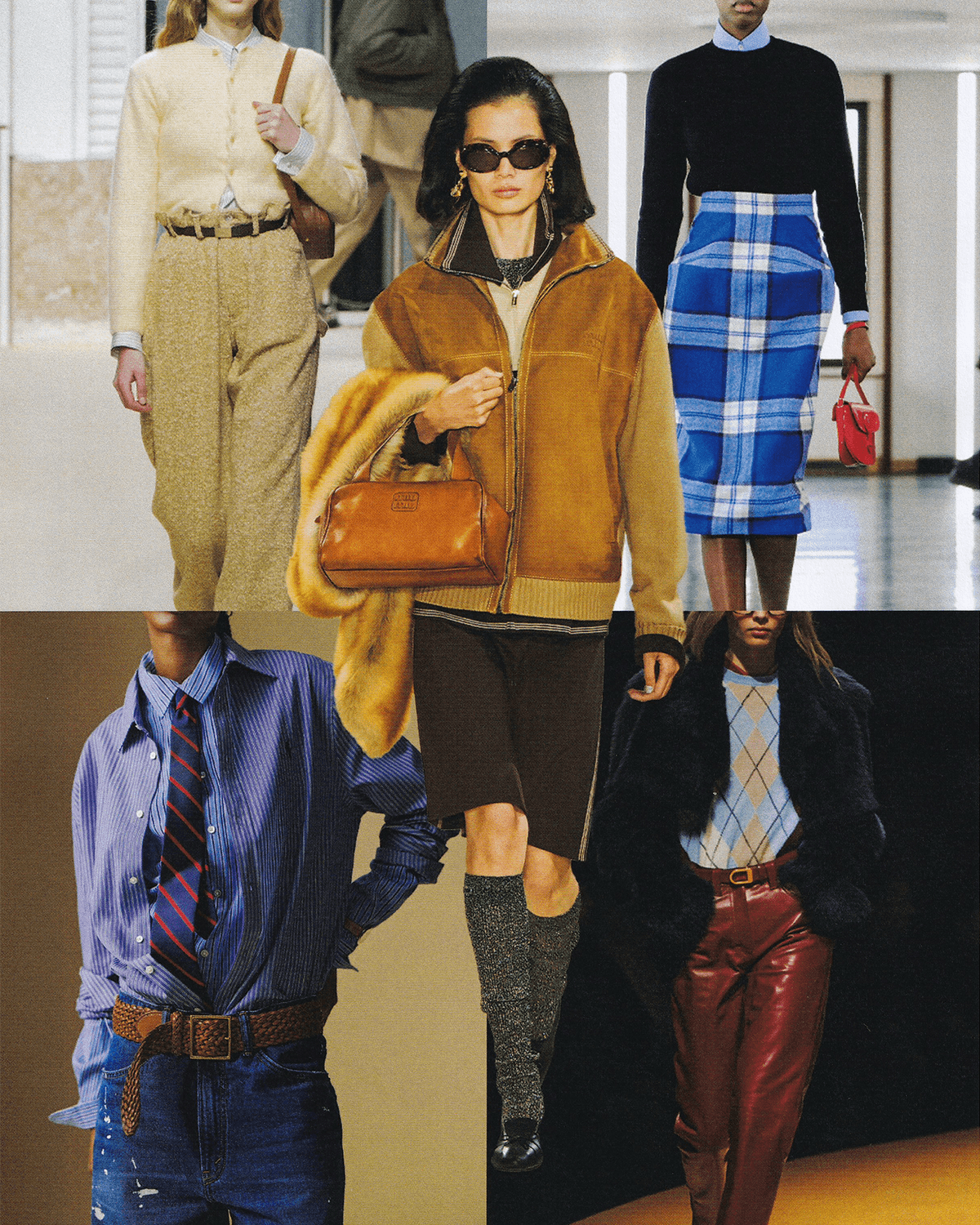 Images may contain clothing jacket long sleeves pants adult accessories handbags and skirts