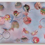 An abstract painting seems to be a different shape floating in a cold pond.