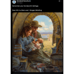 Image of a man and a woman in the ancient west, holding a baby from the inside of a covered van. The title above is: "Remember the legacy of your homeland."