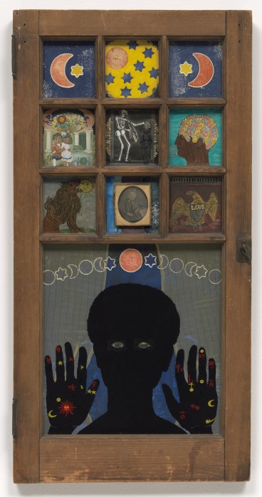 A sculpture resembles a window with an image of a black girl holding up her hands. On other panes are painted images of stars, satellites and heads.