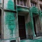 A photo shows green paint thrown on the walls of the Agoudas Hakehilos synagogue in Paris on May 31, 2025. Shoah Memorial, two synagogues, a restaurant in central Paris sprayed green paint on May 30, 2025. (Photos of Thibaud Moritz/AFP) (Photos of Thibaud Moritz/AFP via Getty Images)