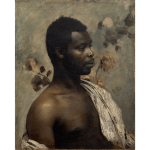 A painting of a black man, nestled on a gray background with almost invisible flowers.