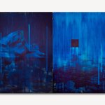 A half abstract Diptych painting, mostly blue with stripes. On the left, a woman's face was embedded in the cold mountain.
