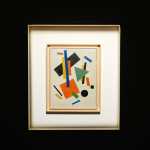 A painting comprising various shapes including squares, circles, and rectangles.