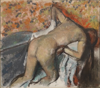 A painting of a naked woman drying herself with a towel.