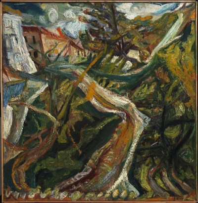 Painting of the building beside the curved tree.