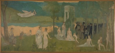 A painted landscape shows people to the various people undressing in the park.