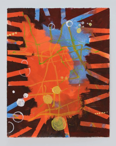 An abstract work of art, mainly orange and blue, with a dark brown background and yellow and green highlights. 