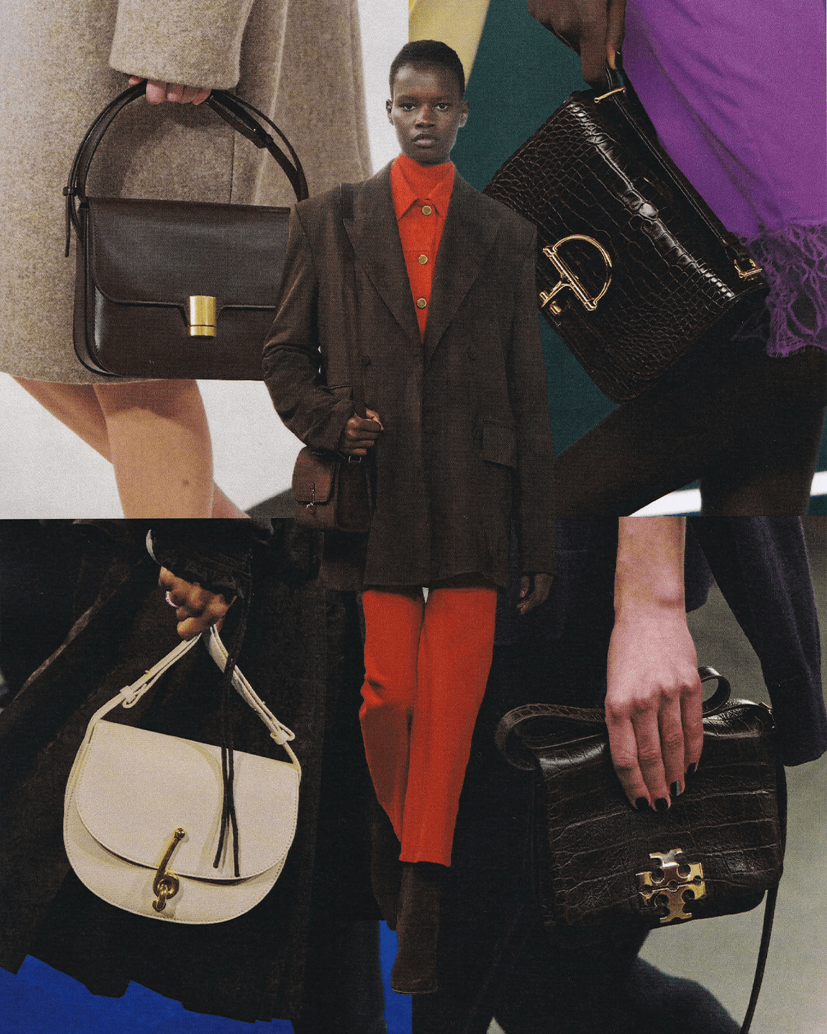Images may contain accessories bags, handbags, purses, clothing jackets, adult faces and heads