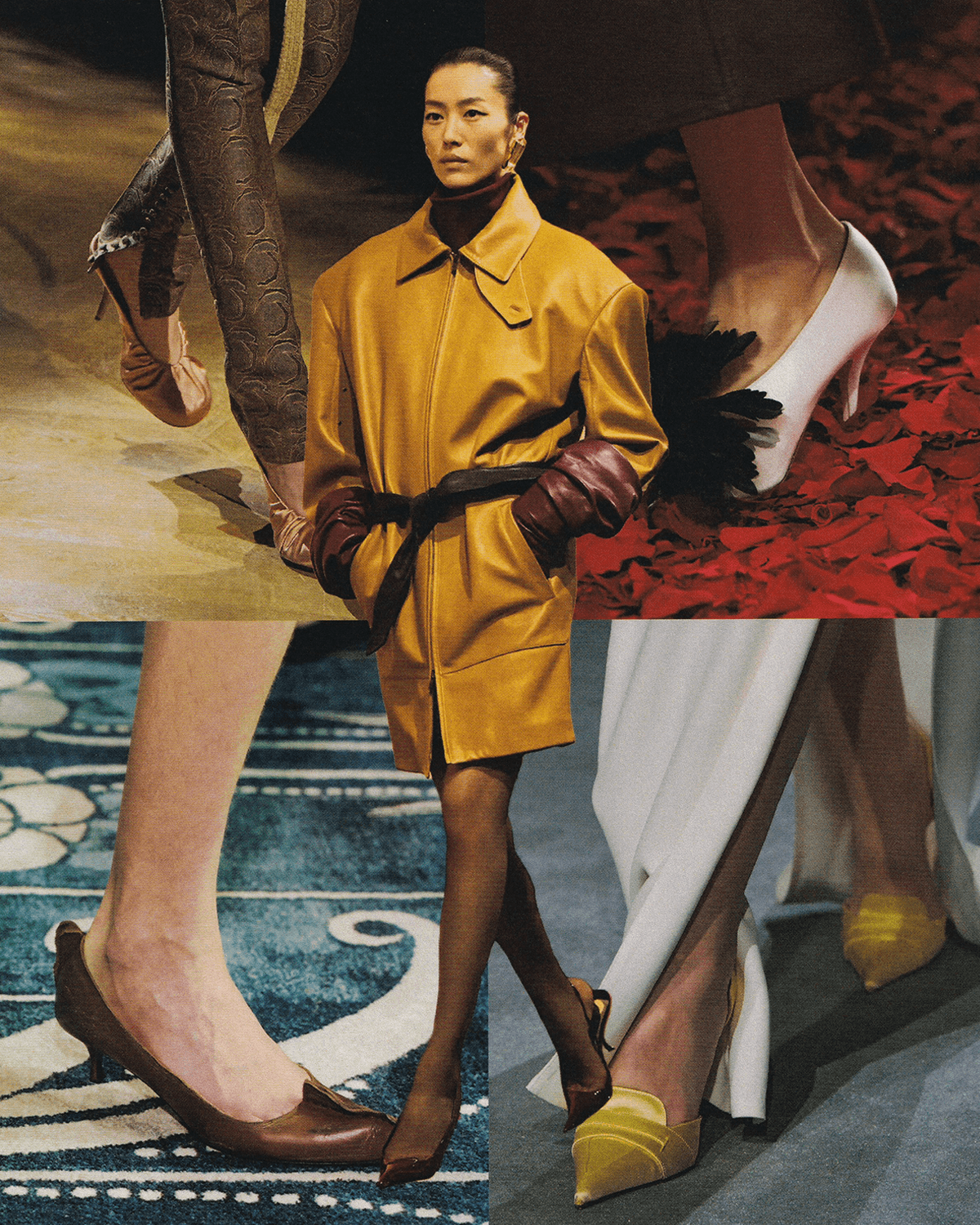 Images may contain Liu Wen clothing shoes high heel jacket adult face and head
