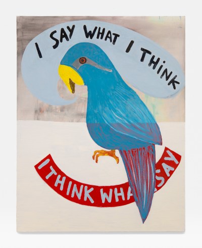 The parrot's painting reads the word 