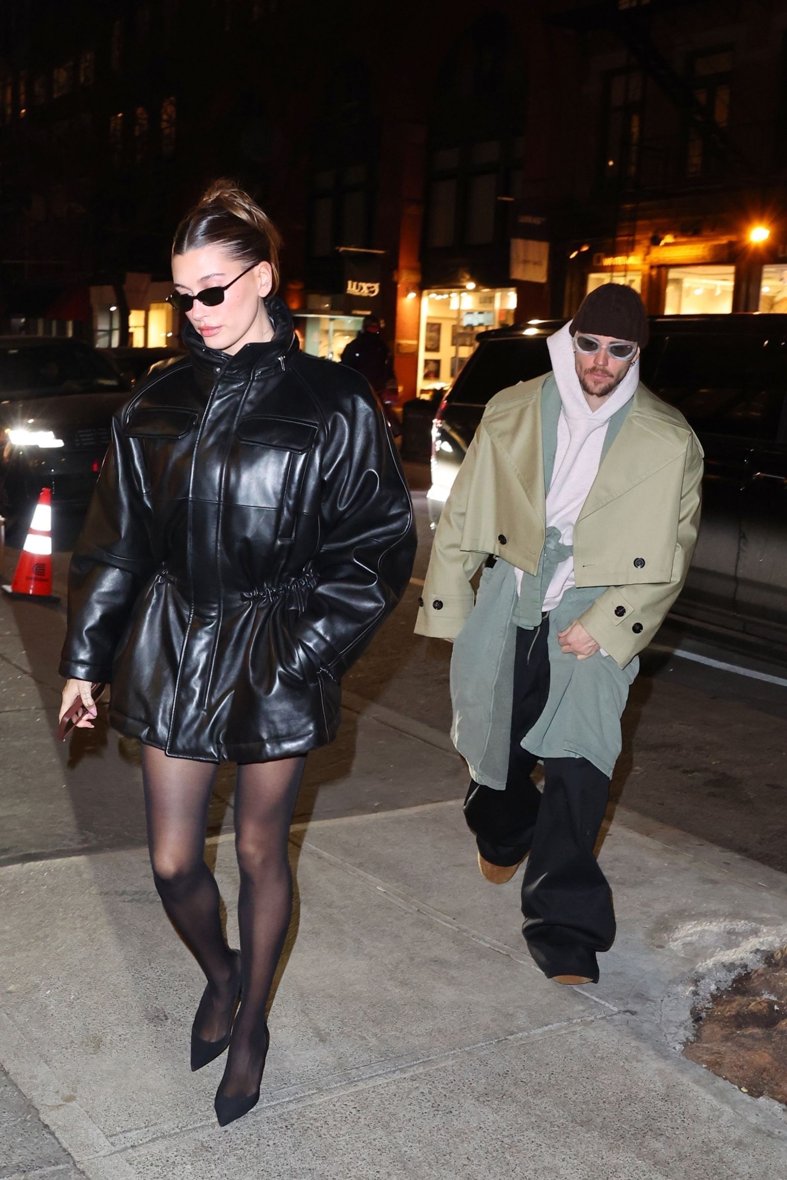 Images may contain Hailey Baldwin Clothing Jacket Adult Accessories Glasses Shoes Shoes Heels and Shoes