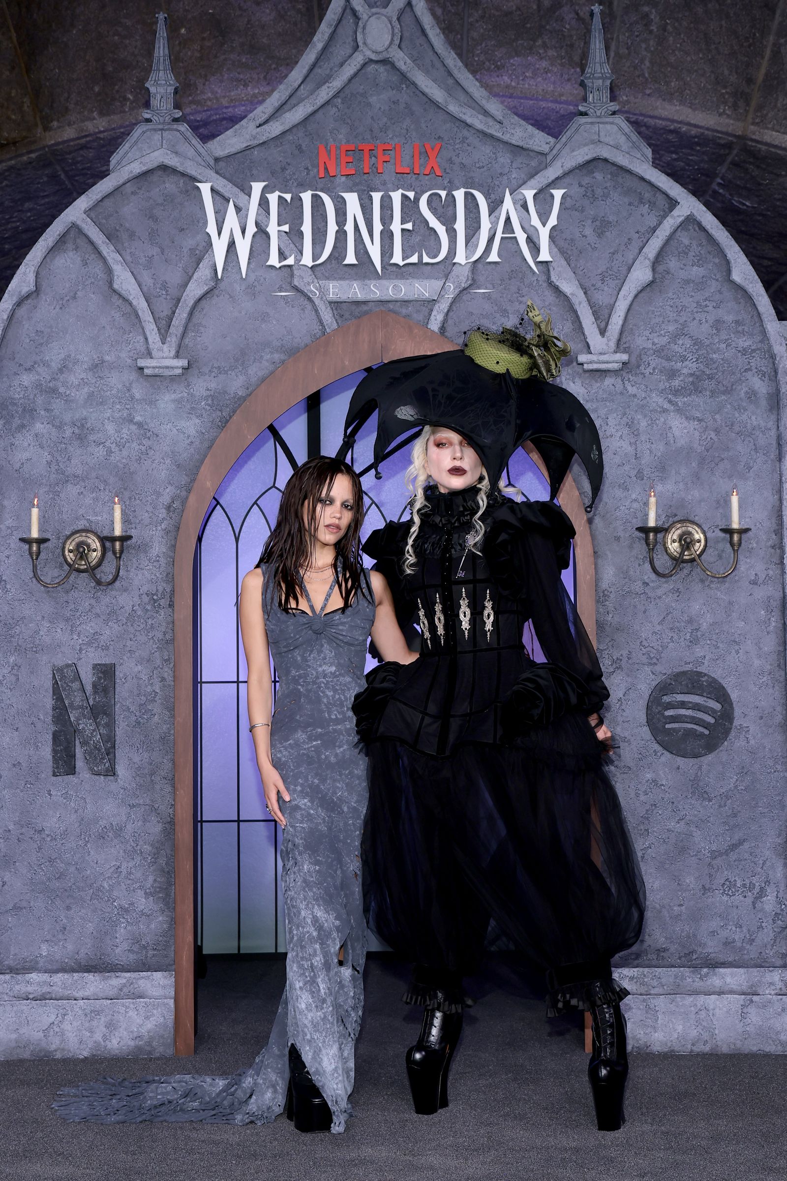 Jenna Ortega and Lady Gaga attend the Cemetery Gala at Netflix X Spotify, Wednesday Season 2 Cemetery guastavino