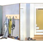 The painting on the folding screen shows the entrance to the house, clothes hanging on hooks, and entering the stairs.