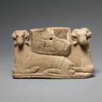 The ship was supported by two ram early dynasties IIIA CA. 2600 - 2500 BC Sumerian Gypsum Alabaster H. 2 3/4 X W. 4 5/8 X D. 1 3/16 inches (7 x 11.8 x 3 cm) Gift from Norbert Schimmel Trust, 1989