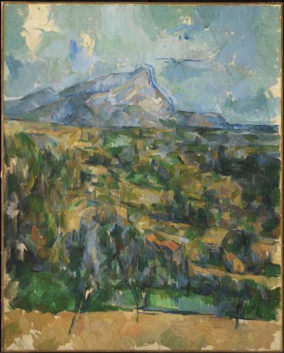 A painting on a mountain landscape that is vaguely visible on the mountain.