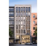 Rendering of tall buildings on city street.