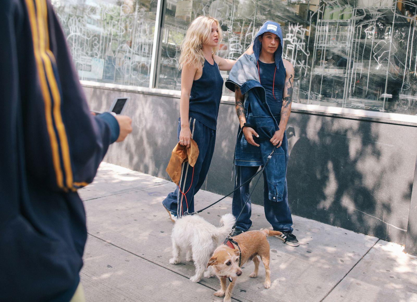 Images may contain human body tying pants clothing clothing animal dog mammal pet dog and leash
