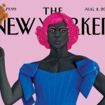 A New Yorker's cover with a painting of a black woman posing as a Statue of Liberty. She held a bouquet of flowers with one hand instead of a torch.