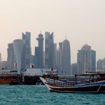 Traditional Dhow ship anchored in front of the Doha skyline on July 5, 2025. (Karim Jaafar / AFP photography)