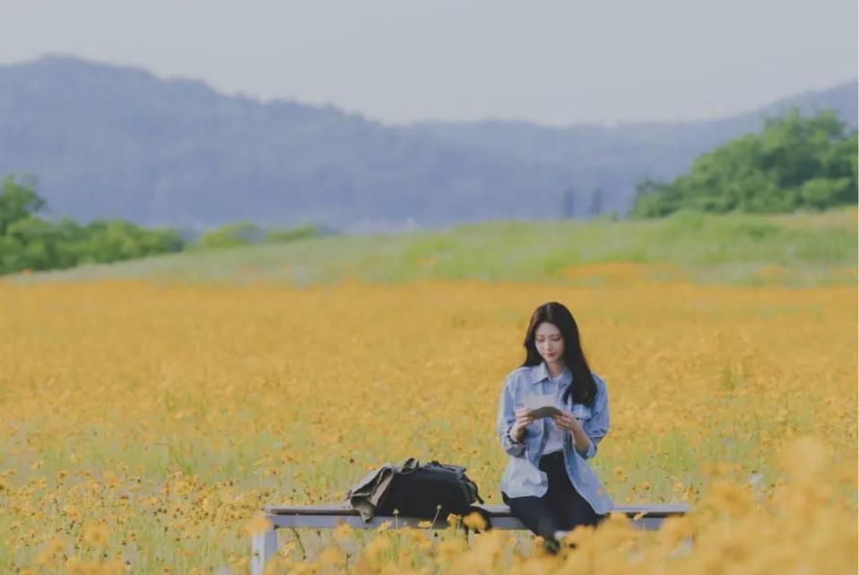 A woman sitting in a field of flowers.