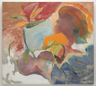 A painting of two figures kissing amid abstract strokes.