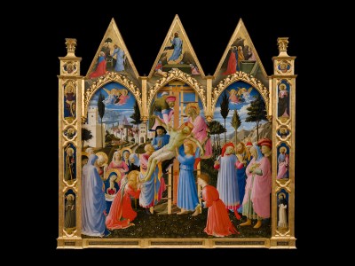 An altarpiece showing a Lamentation scene in which Christ is lowered from the cross.