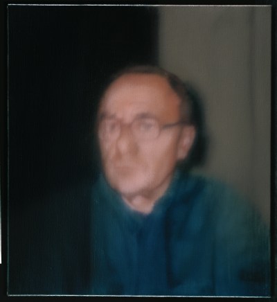 A blurry painting of a man wearing glasses and a blue button-up.
