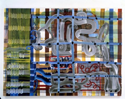 An abstract painting of multiple smeary grids.