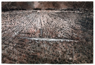A painting of a field with a gash running through its center.
