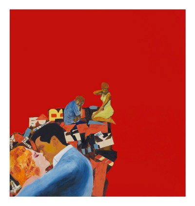 Painting of a couple kissing against bright red background.