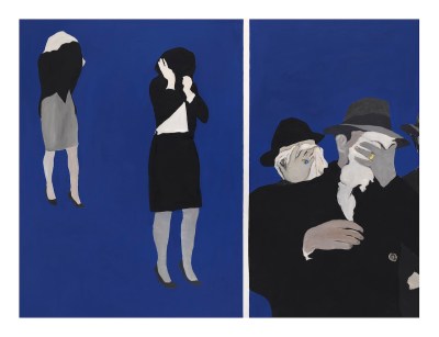 Painting of a person hiding his own face.