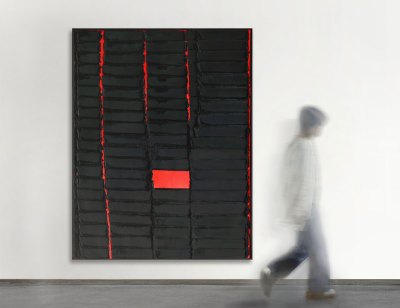 A fuzzy figure walks through an abstract painting consisting of thick rolls of black paint, neat lines, and a bright red primer can be seen in certain parts.