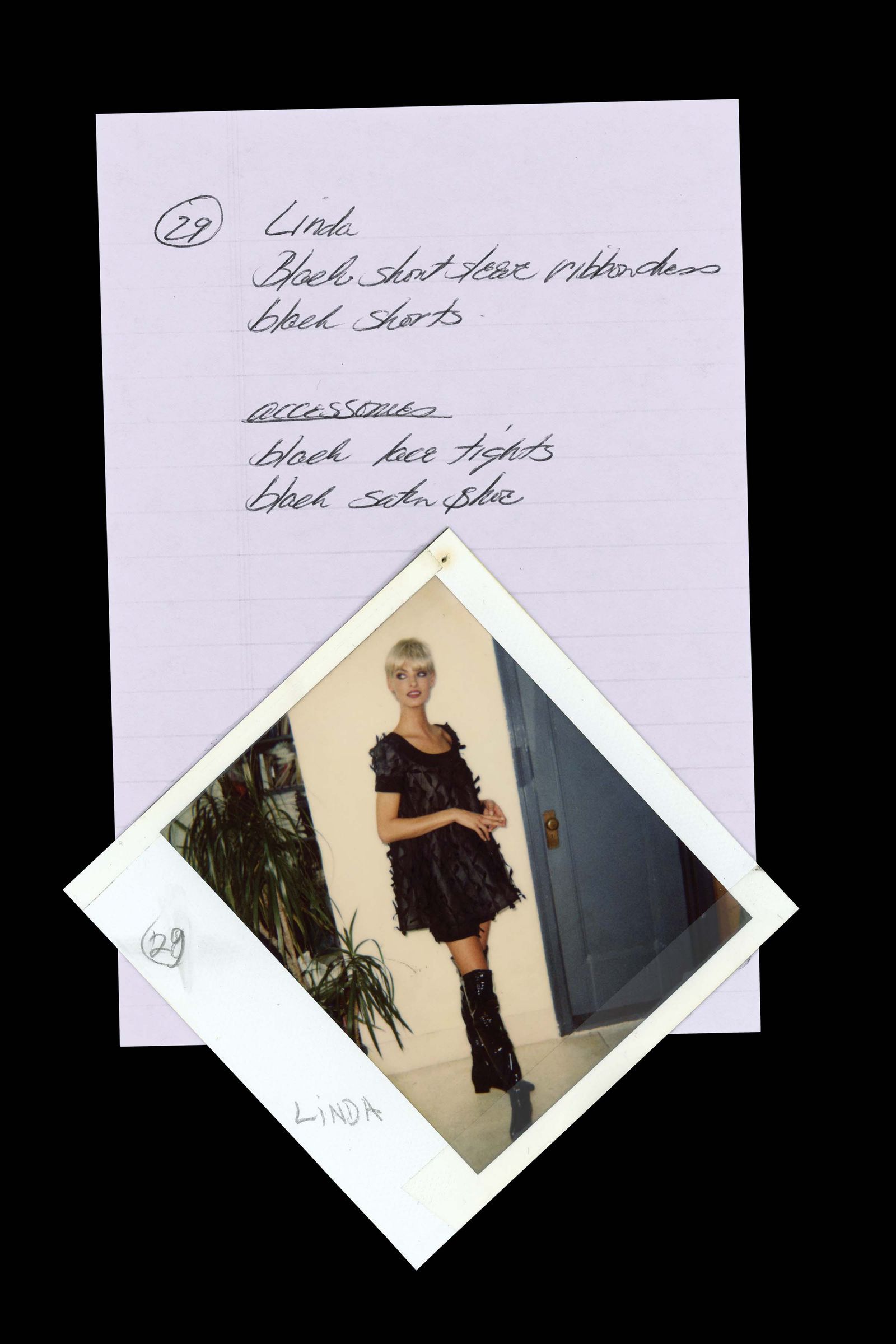 Images may contain Linda Evangelista adult envelope mail plant clothing shoes and text