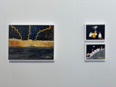 Three paintings, including one showing lightning popping out of the cloud.