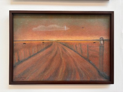 A painting of an owl perched on a pillar on a road leading to the distance.