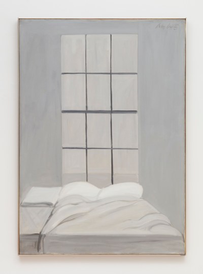 A painting of an untouched bed below the window.